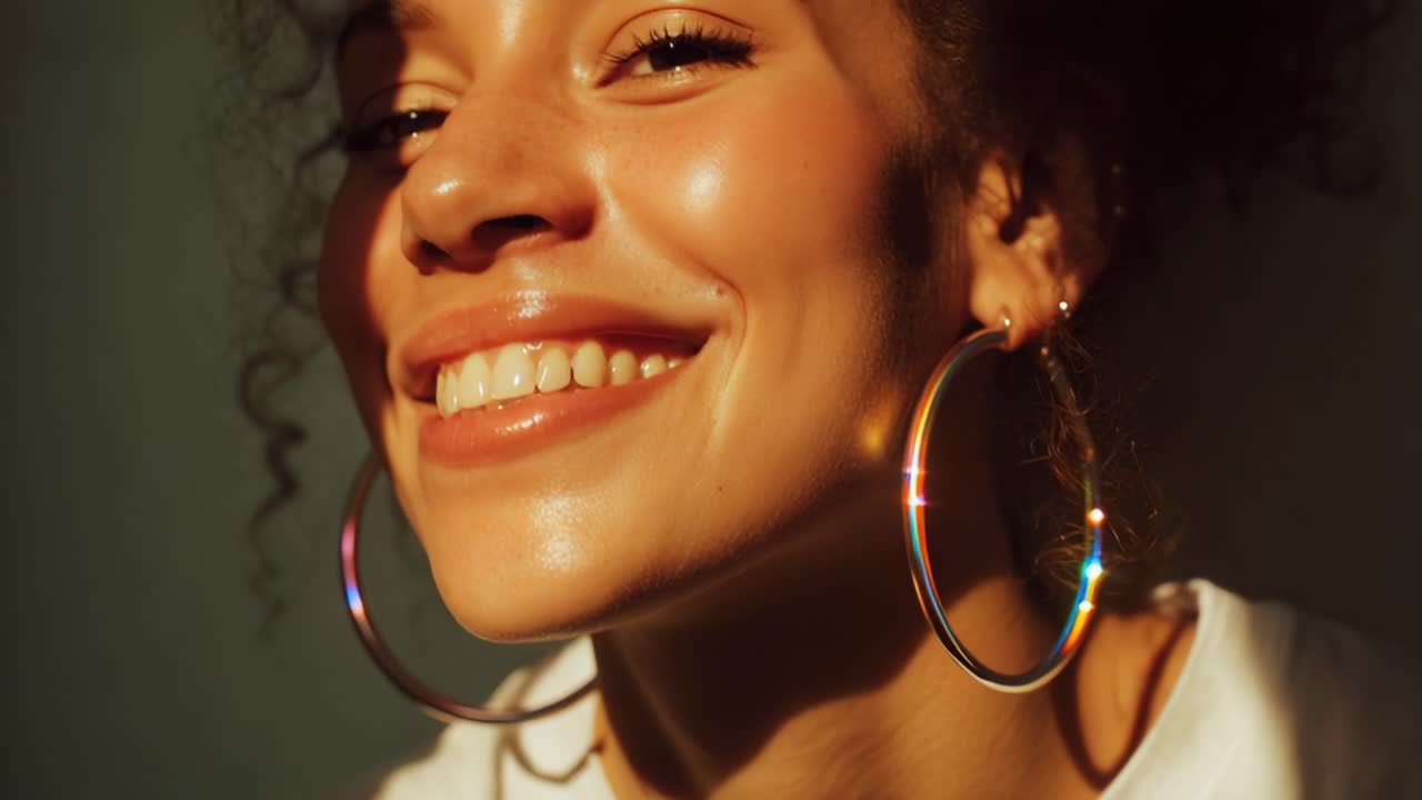 Radiant Smile: A Portrait of Joy with Beautiful Hoop Earrings and Glowing Skin, Capturing the Essence of Happiness and Confidence in a Soft, Natural Light Setting