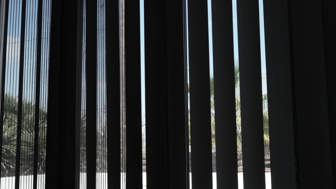 Light shines through the blinds in a room. The view shows palm trees outside. The video captures the movement of the blinds as the sunlight changes