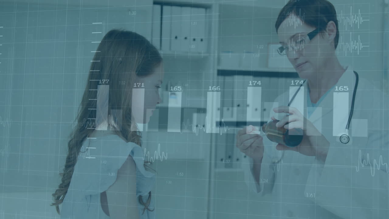 Medical data and heart rate animation over doctor showing medication to patient
