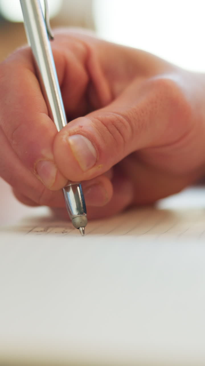 Primo piano di una mano che scrive con una penna su carta