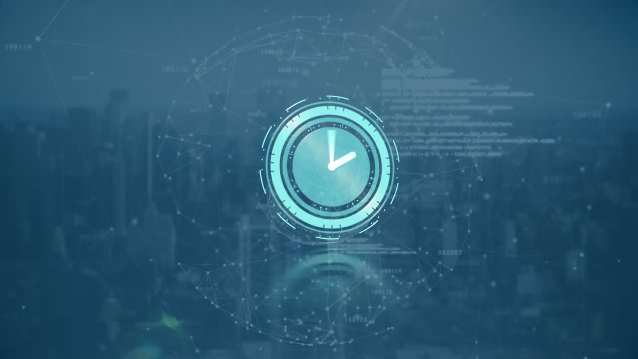 Animazione di orologio in rapido movimento, elaborazione di dati e statistiche su paesaggio urbano