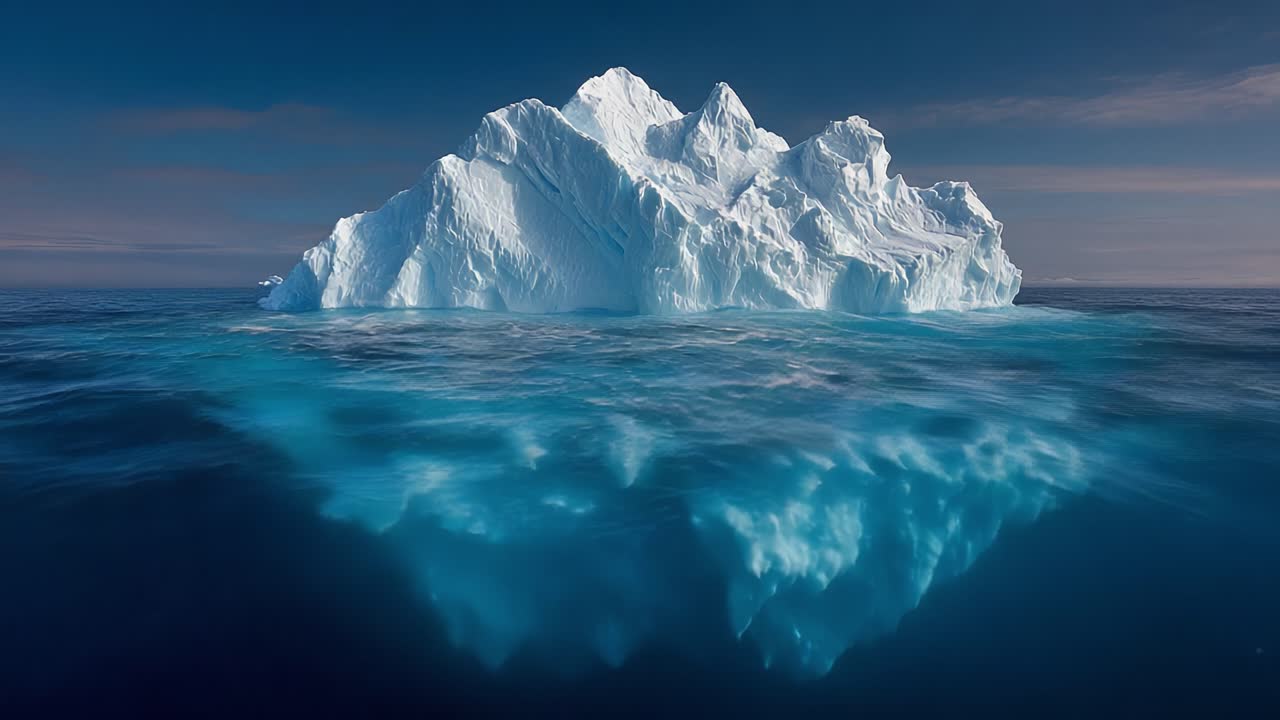 A Majestic Iceberg Floating on Crystal Clear Waters, Showcasing Its Great Size and Stunning Reflection Beneath the Surface in a Serene Arctic Environment