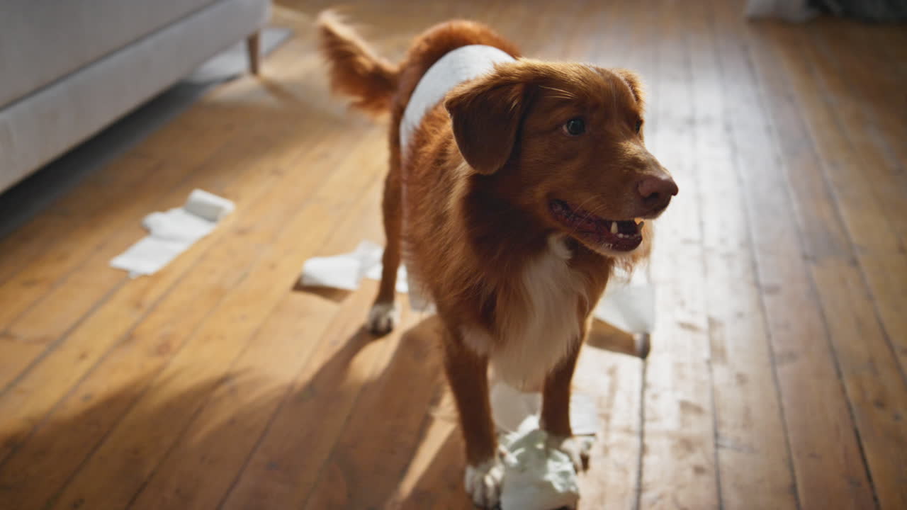 Cute dog making mess in living room close up. Naughty pet unrolling toilet paper
