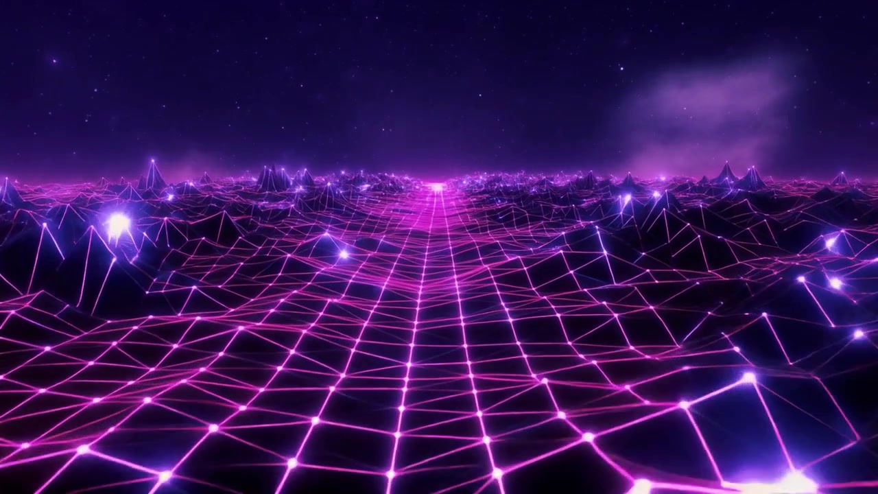 Paesaggio digitale Retro Synthwave con griglia viola luminosa