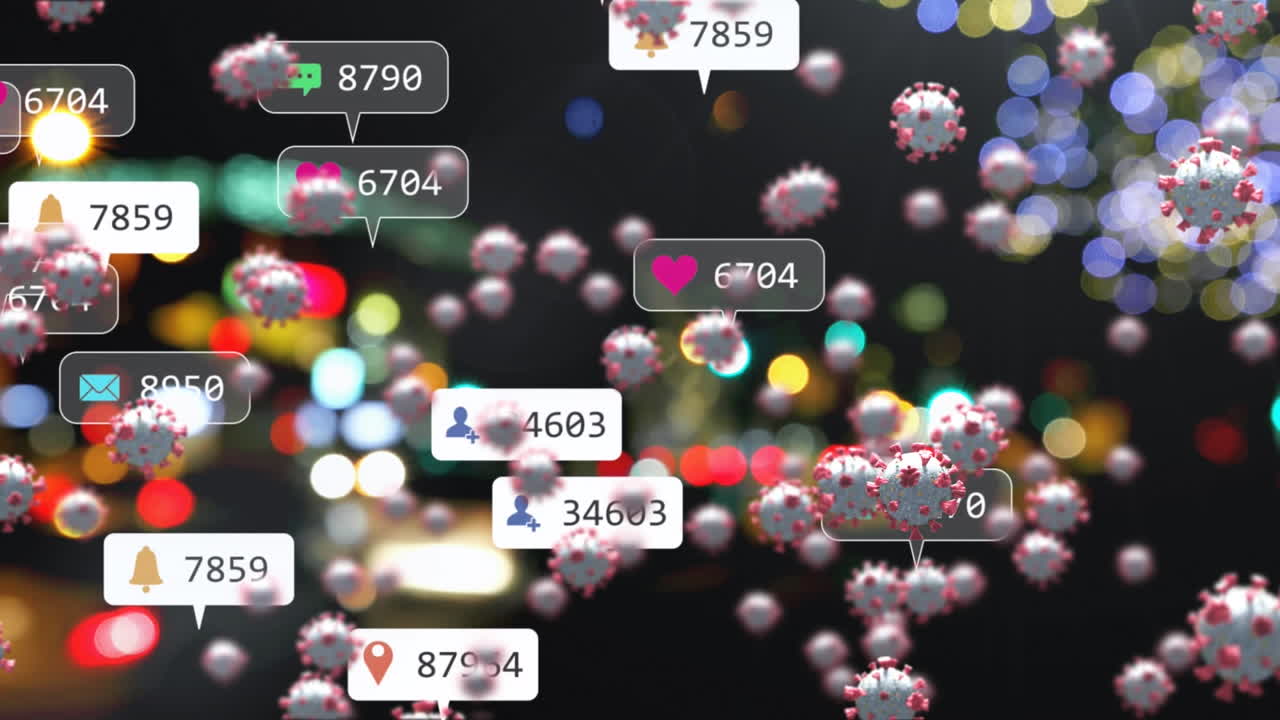 코로나19 세포가 디지털 아이콘에 대항하여 음성 거품과 빛의 반점에 대한 숫자가 증가하고 있습니다.