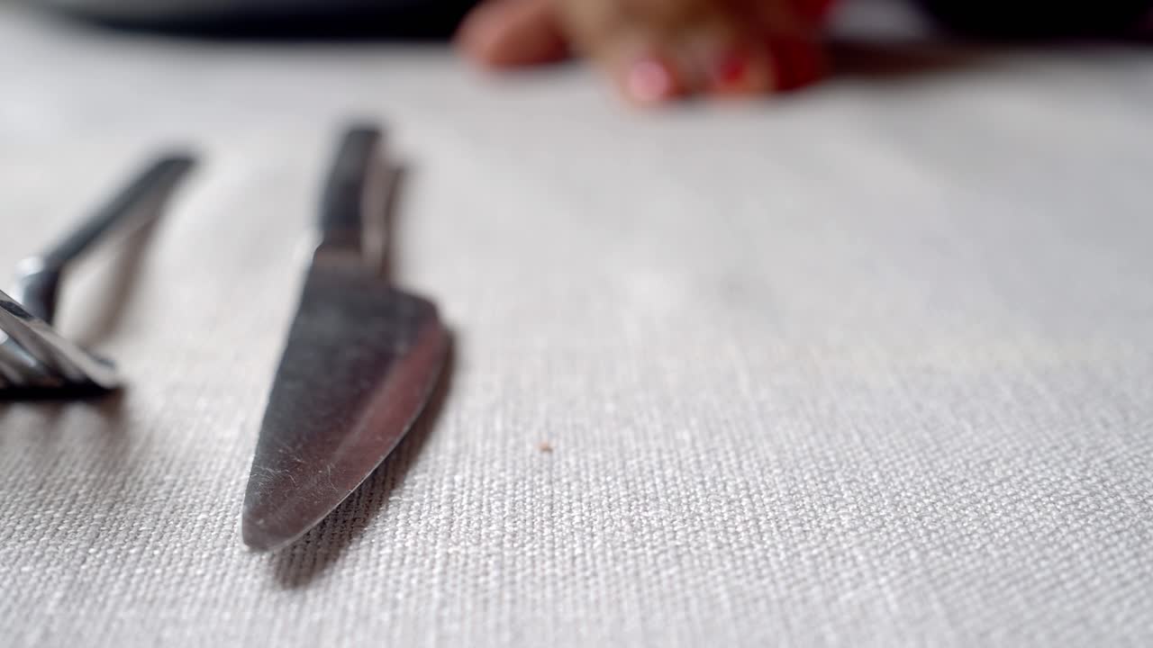 색 식탁 위 에 있는 포크 와 칼 의 근접