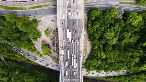 long overhead shot of traffic on exits and entrance ramps to the george washington bridge, manhattan, new york city