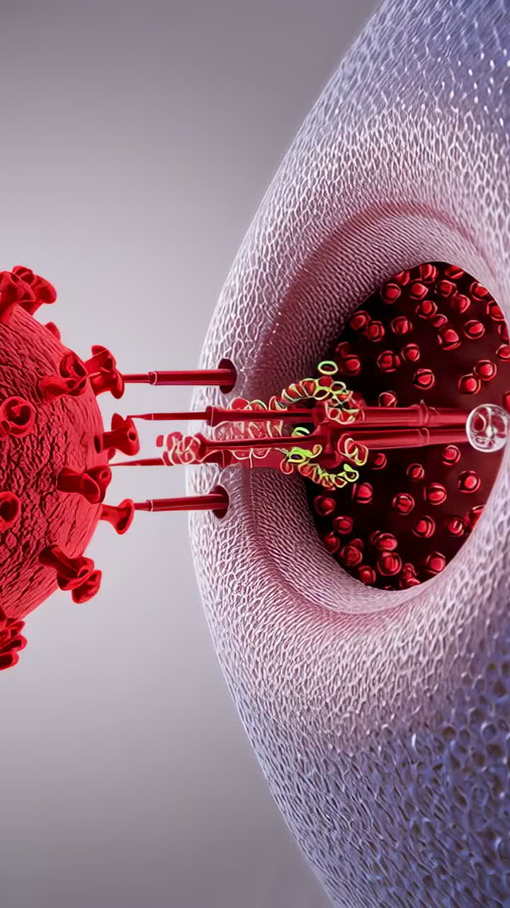 Video verticale: virus rosso che si lega al recettore fondendosi con il poro della membrana, con genoma filettato per l'ingresso