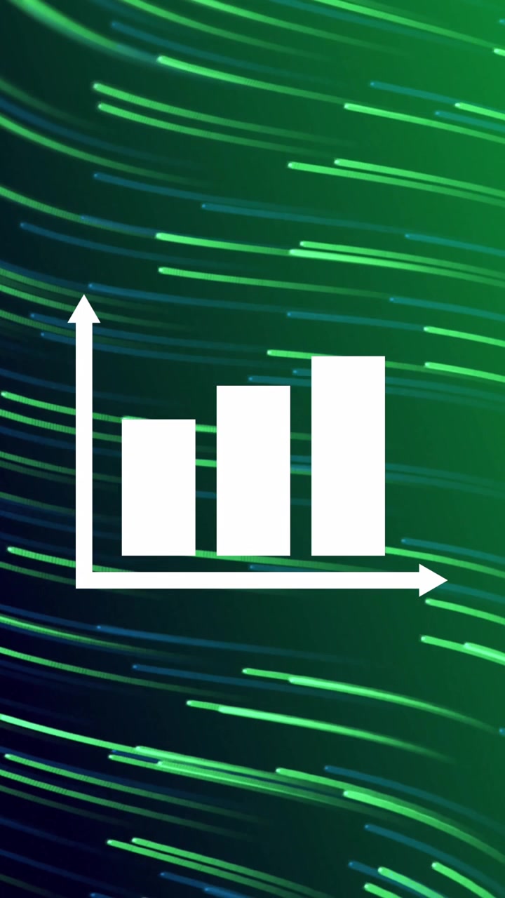 Animation of bar graph icon over wavy light trails against green gradient background