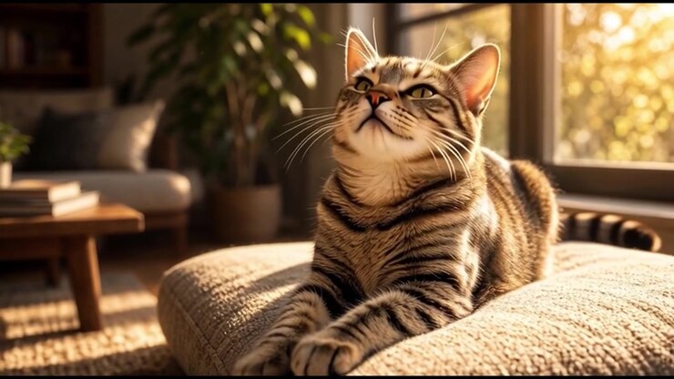 Tabby Cat Resting and Yawning on a Cushion by a Sunny Window