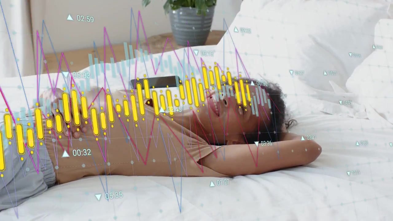 Mulher deitada na cama estendendo a mão para o telefone enquanto gráficos financeiros animados aparecem, incentivando a verificação do mercado