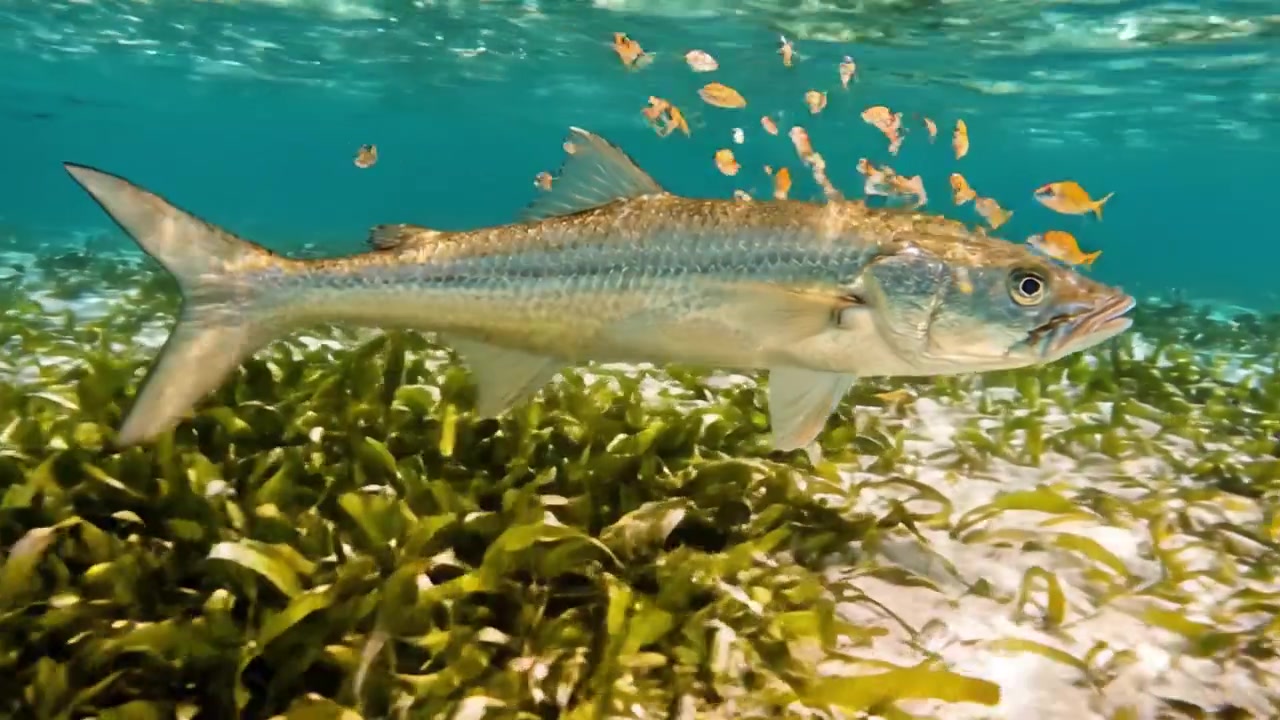 En fascinerende undervandsscene med en fisk, der svømmer yndefuldt gennem et hav af levende havgræs på en klar dag