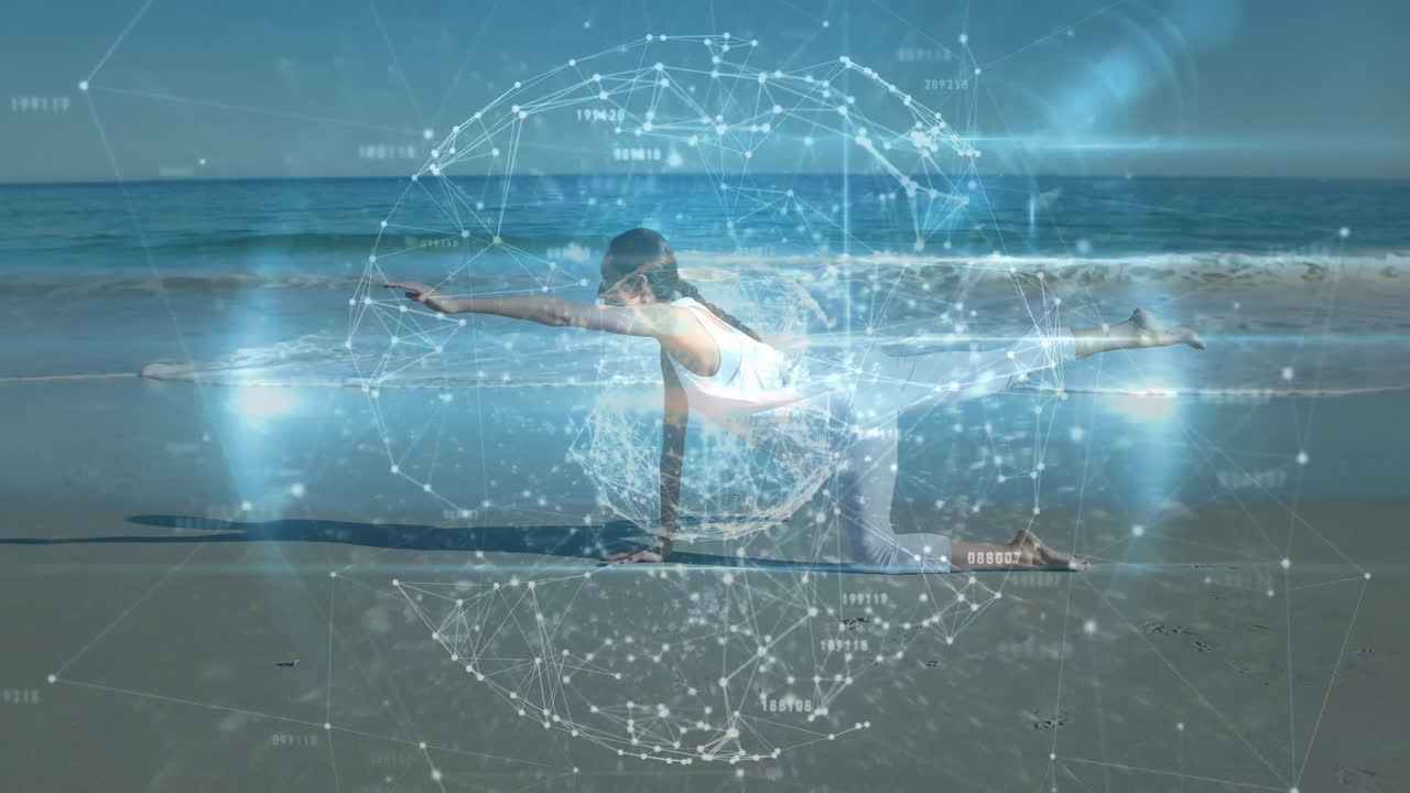 Person practicing yoga on beach with digital network animation overlay