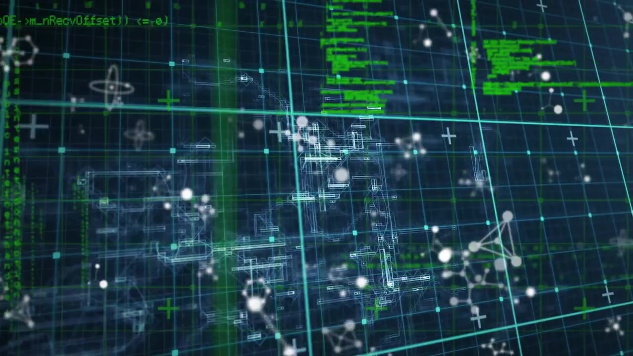 Animation of molecular structures and data processing over grid network against blue background