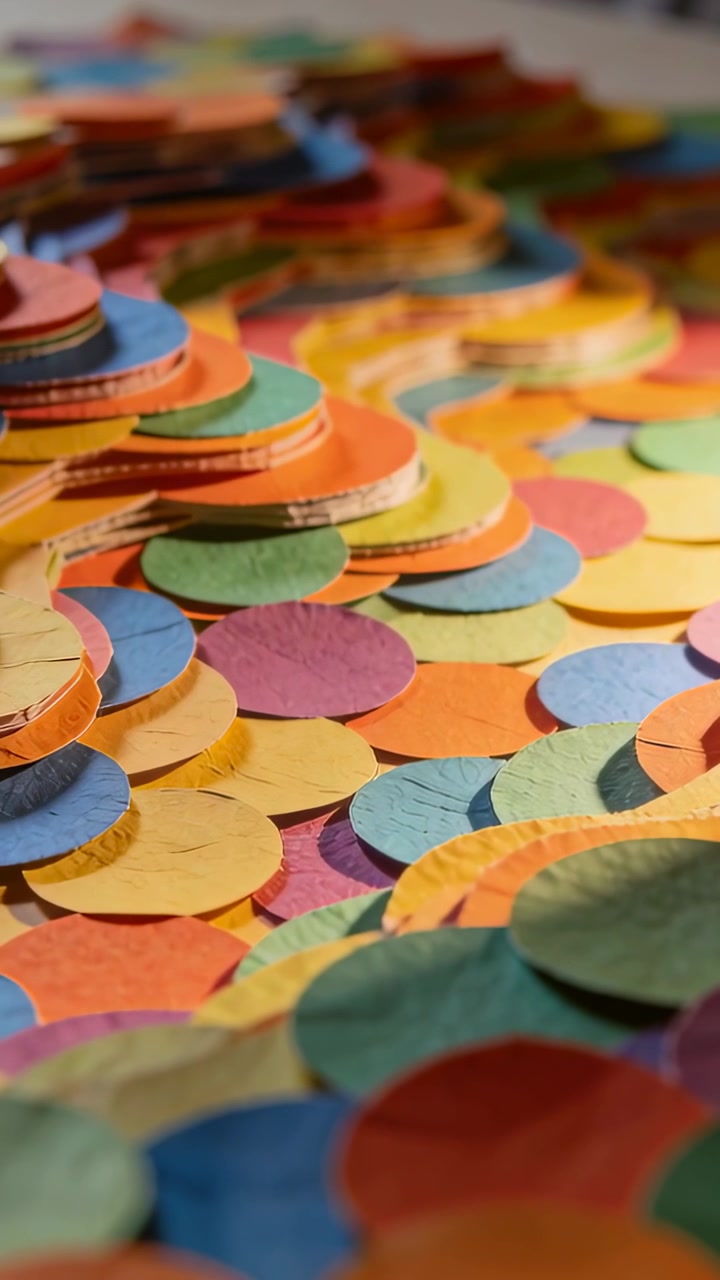 Vertical video: Panning camera revealing stacked colorful paper discs on tabletop, showing texture
