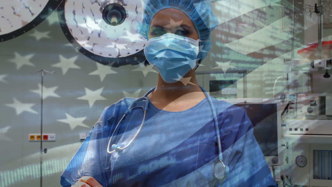 animación de la bandera de los estados unidos ondeando sobre los cirujanos en el quirófano