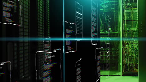 animation of blue scanner beams and interfaces processing data over computer servers