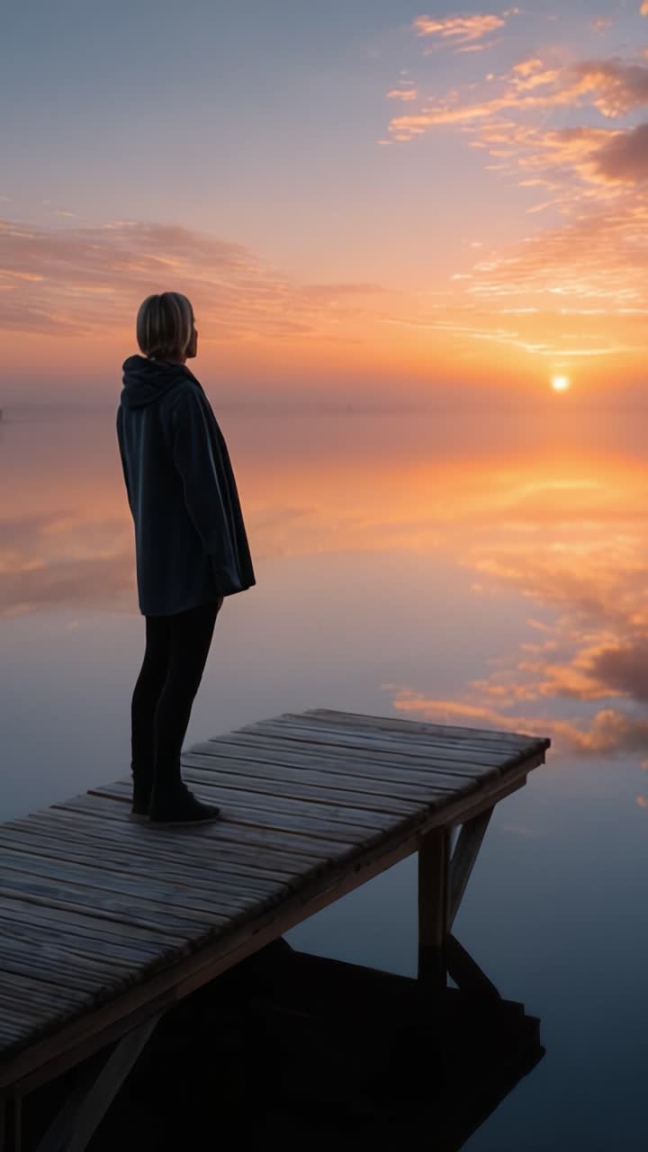Contemplazione all'alba: Una figura solitaria ammira una splendida alba riflessa su acque tranquille, evidenziando la serena bellezza della natura e momenti di pace