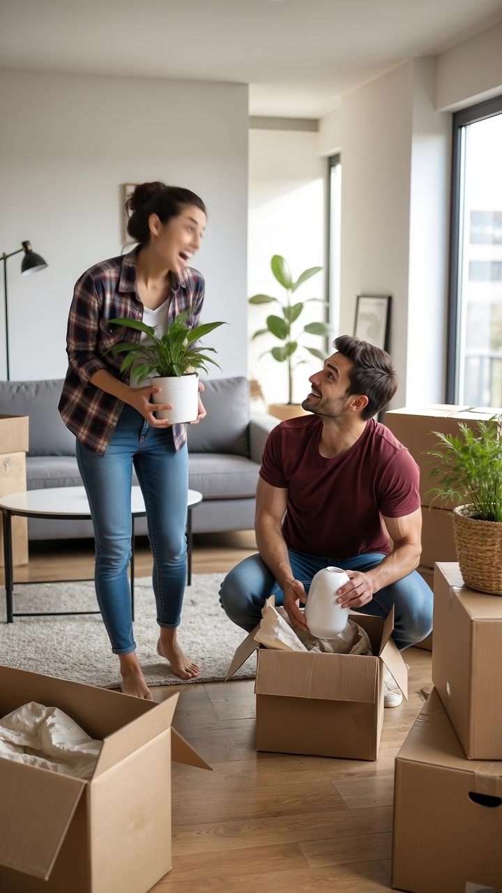 Happy young couple unpacking boxes and decorating their new apartment together after moving in