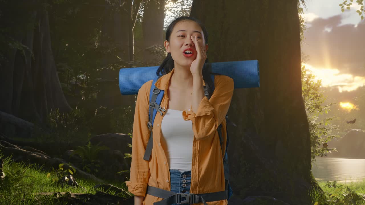 산악 등반 배 을 들고 있는 아시아 여성 하이커 가 숲 의 자연 을 탐험 하는 동안 입 근처 에 손 을 잡고 비명을 지르고 있다