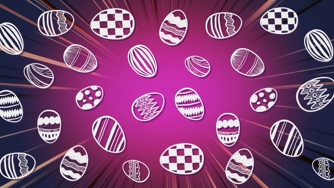 Animation of decorated Easter egg shapes in white moving over flashing lines of light