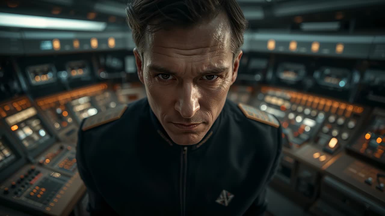 Leaning uniformed commander responding to camera, smiling in bridge control room with epaulettes