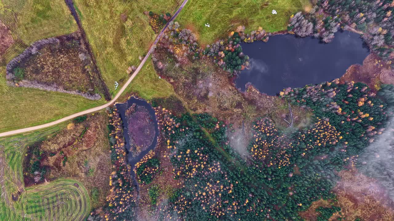 Statisk flyfoto av dammens myrlandskap mens morgenskyene sakte driver over reflekterende våtmarker