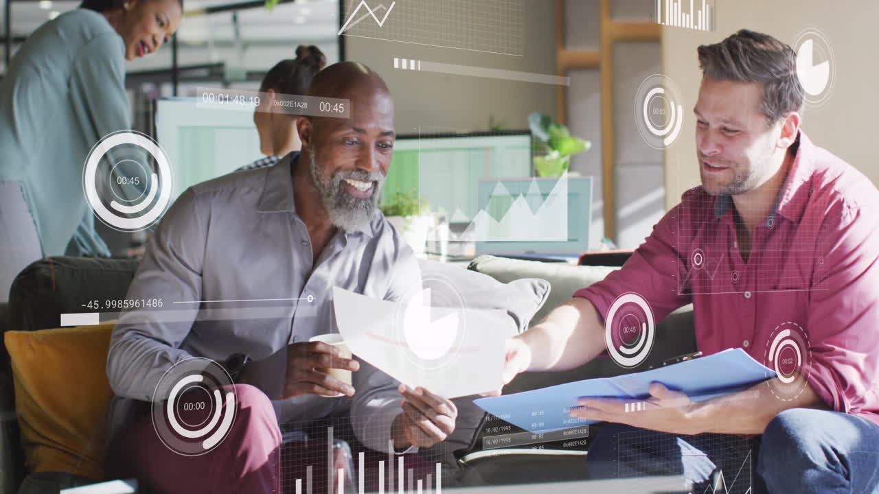 Animation of financial data processing over diverse business people in office