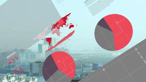 animation of infographic interface over aerial view of modern buildings against sky