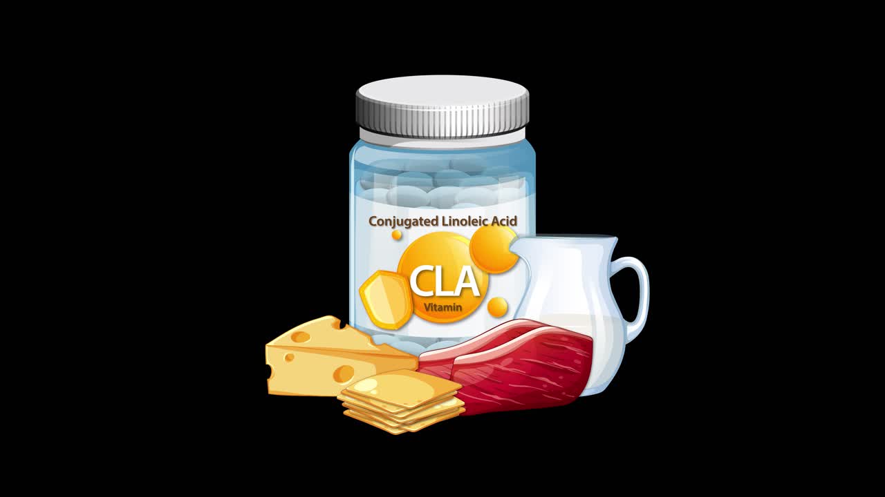 Vitamin supplement bottle transitions to include cheese, meat, and milk, with smooth, clean animation