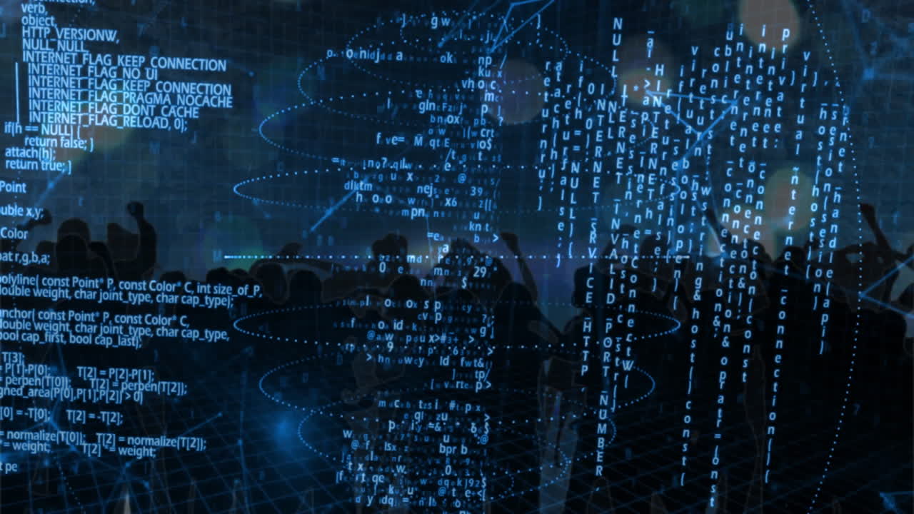 Digital code and data processing animation over silhouettes of people in conference