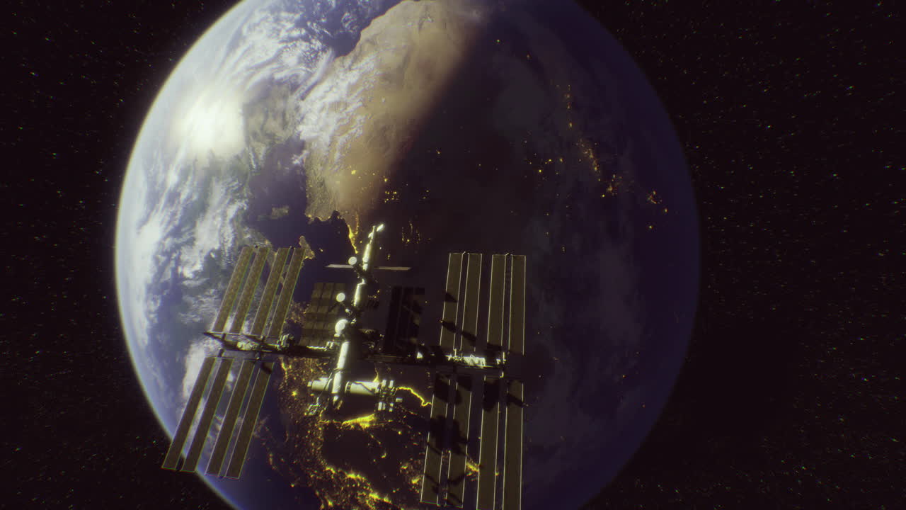 Satellite orbits earth revealing continent and city lights at night