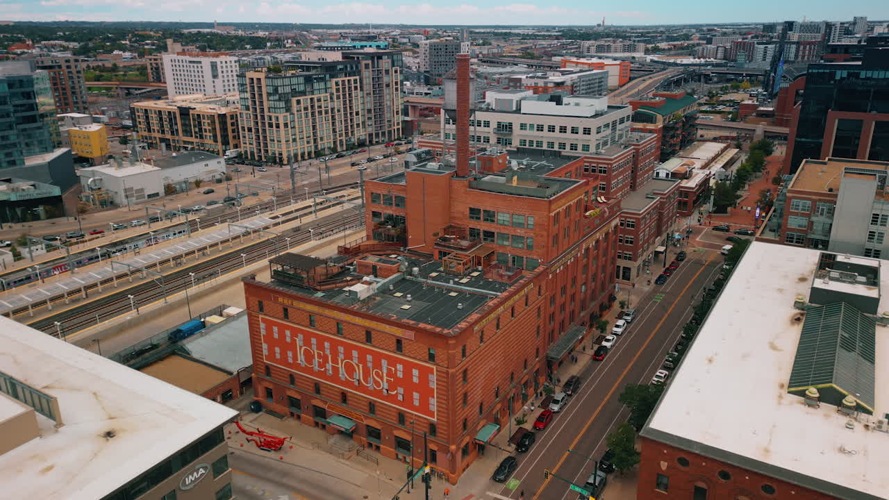 Denver, USA, 28 July 2025: Remarkable structure of Ice Building with lofts for rent. Historical building in Denver, Colorado, USA from drone footage