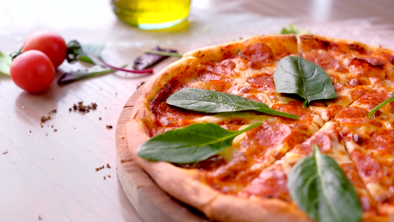 요리사는 고무 장갑을 쓴 손으로 스파나치 잎과 함께 살라미 피자를 한 조각 가져갑니다.