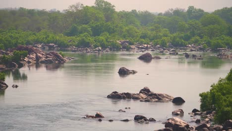 pan shot of betwa river flowing through rocky terrain on the banks of forest near orchha in madhya pradesh india