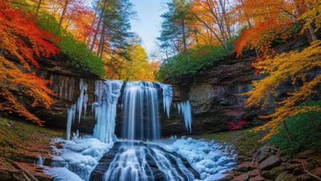 majestic waterfall surrounded by vibrant autumn foliage and icicles, capturing the breathtaking beauty of nature's seasonal transformation