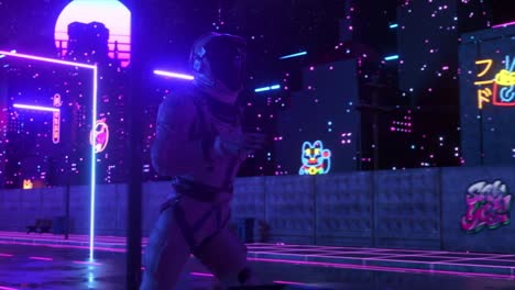 astronaut running through a neon-lit cyberpunk city at night