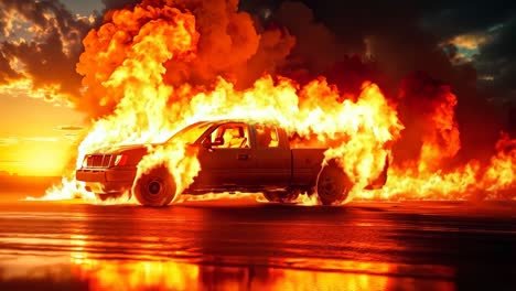 a truck is engulfed by flames on the beach at sunset