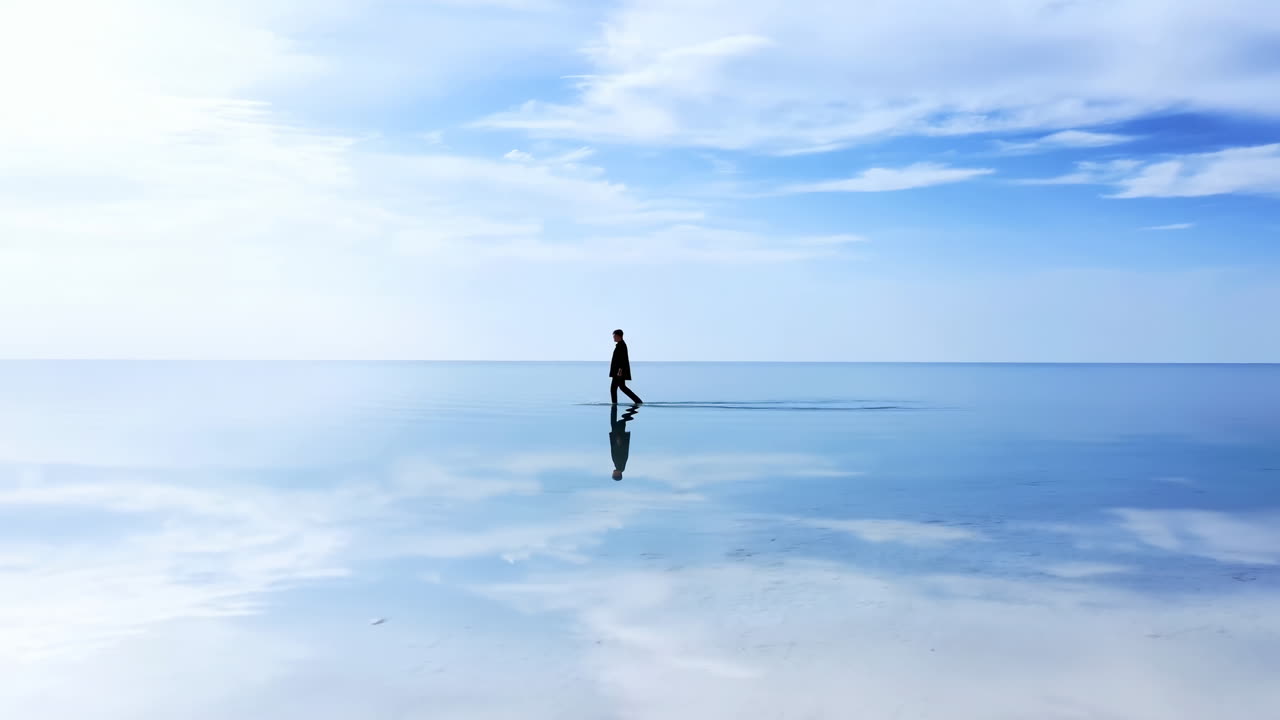 Uomo che Cammina su una Superficie Riflettente che Riflette il Cielo Blu