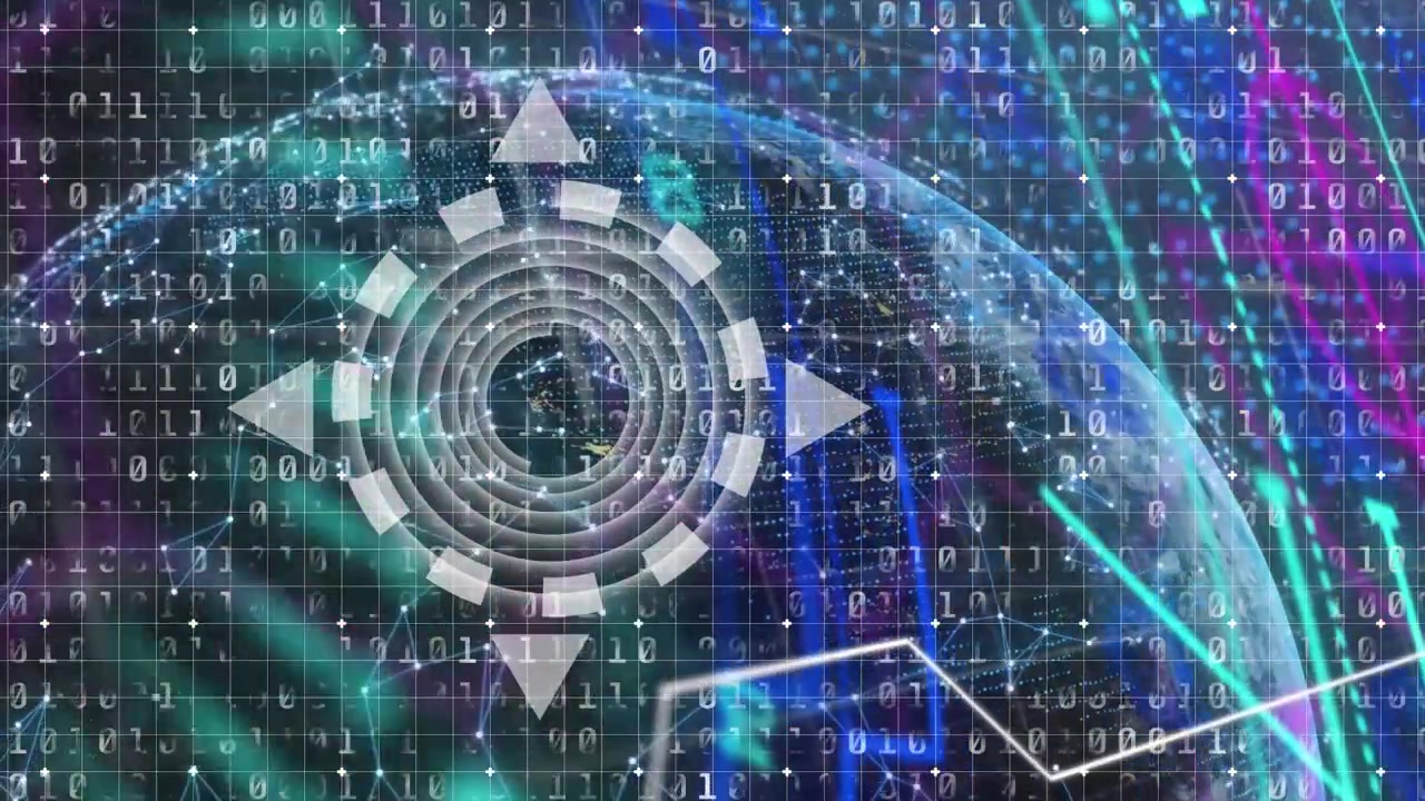 Animation of data processing and binary code over globe