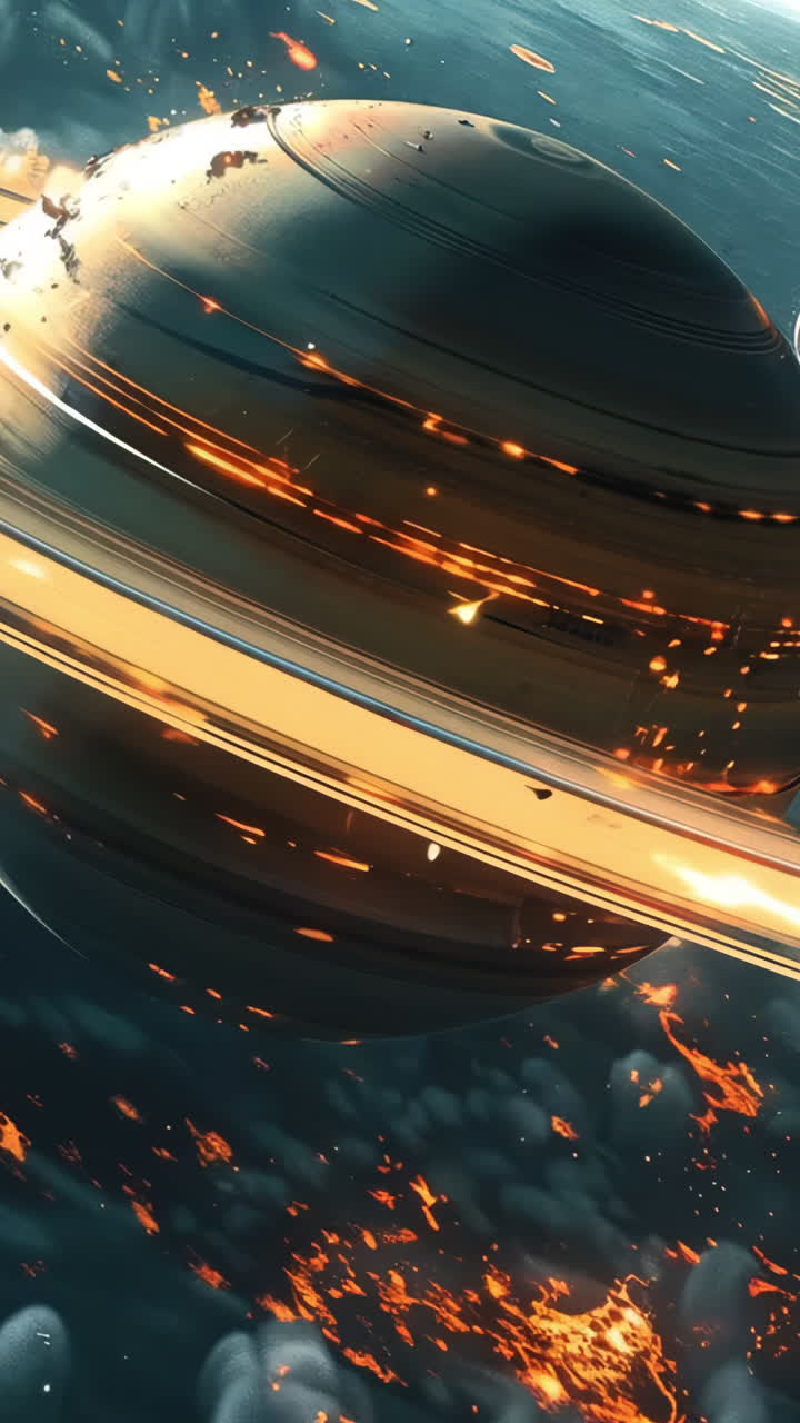 A space scene with a large planet and a space shuttle. The planet is surrounded by a lot of fire and smoke, giving the scene a sense of danger and chaos