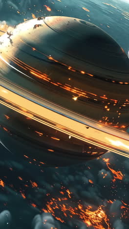 a space scene with a large planet and a space shuttle. the planet is surrounded by a lot of fire and smoke, giving the scene a sense of danger and chaos