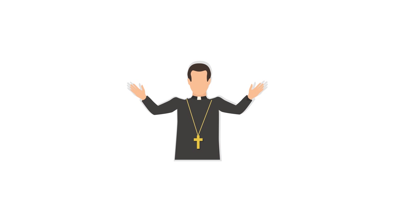 Sacerdote animato con le braccia tese e una collana con croce.