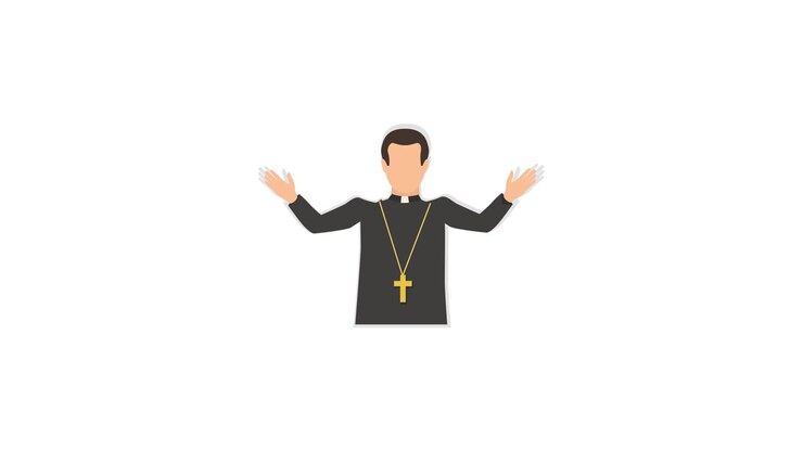 Sacerdote animato con le braccia tese e una collana con croce.