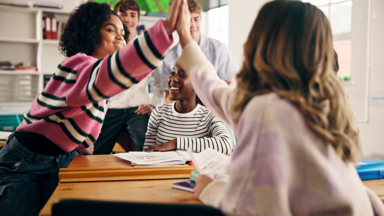 Group of students collaborating in a classroom setting