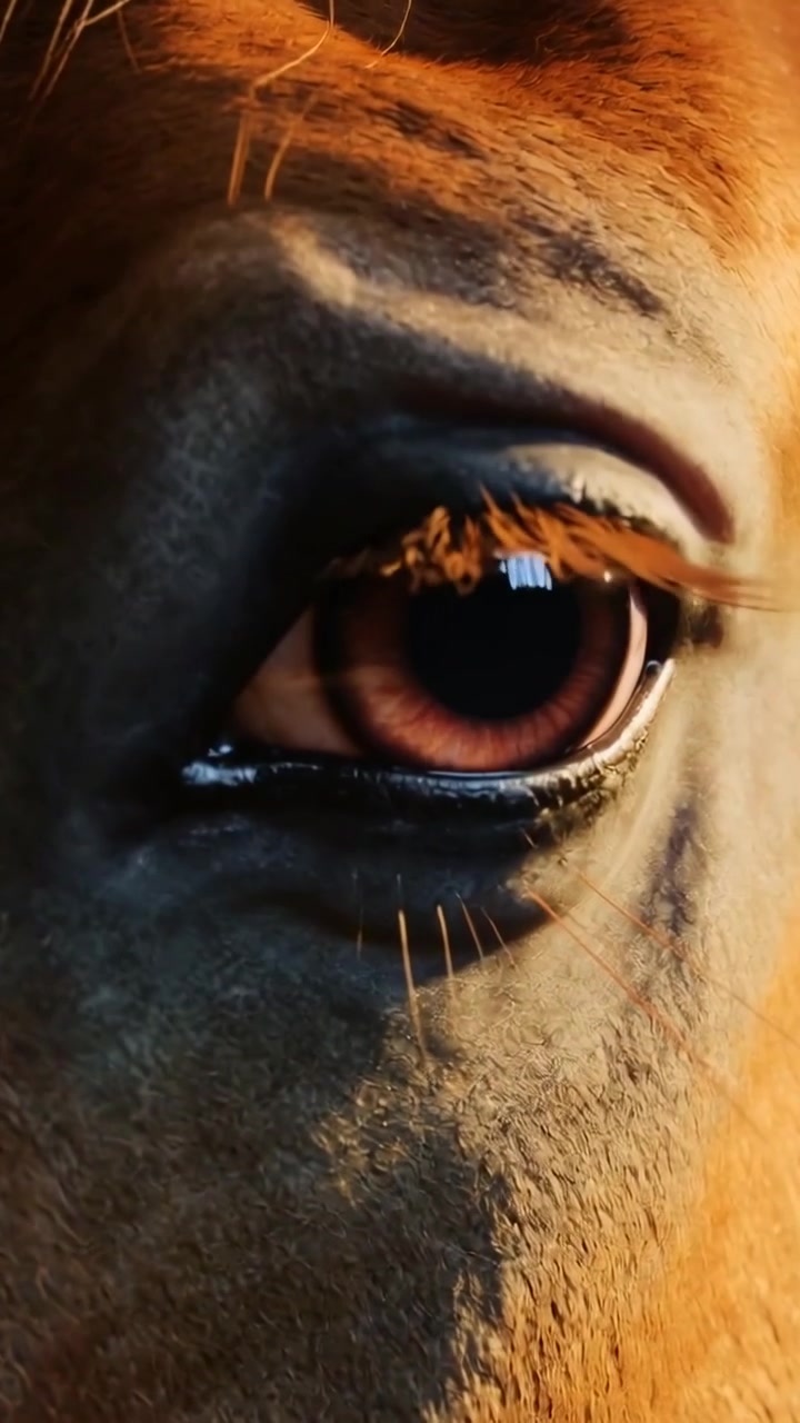 Video verticale: Reazione a un riflesso luminoso, occhio destro di cavallo che sbatte le palpebre in primo piano, con le ciglia