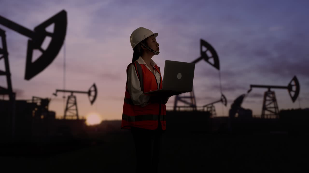 vista lateral de una ingeniera asiática con casco de seguridad inspecciona las bombas de petróleo al amanecer en un gran campo petrolífero. trabajando en una computadora portátil y mirando a su alrededor