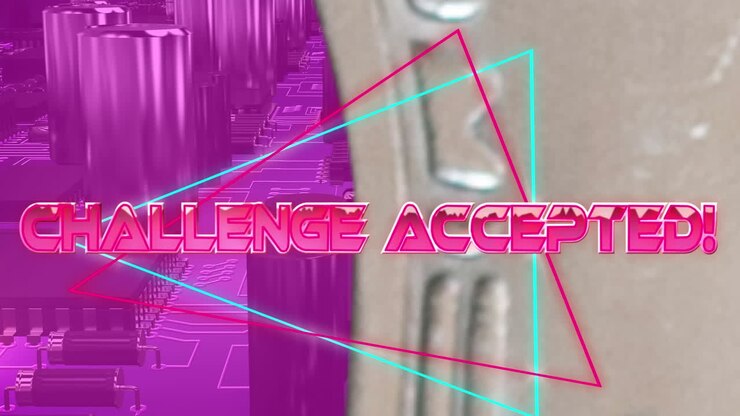 Animation of challenge accepted text over geometrical shapes and processor cores