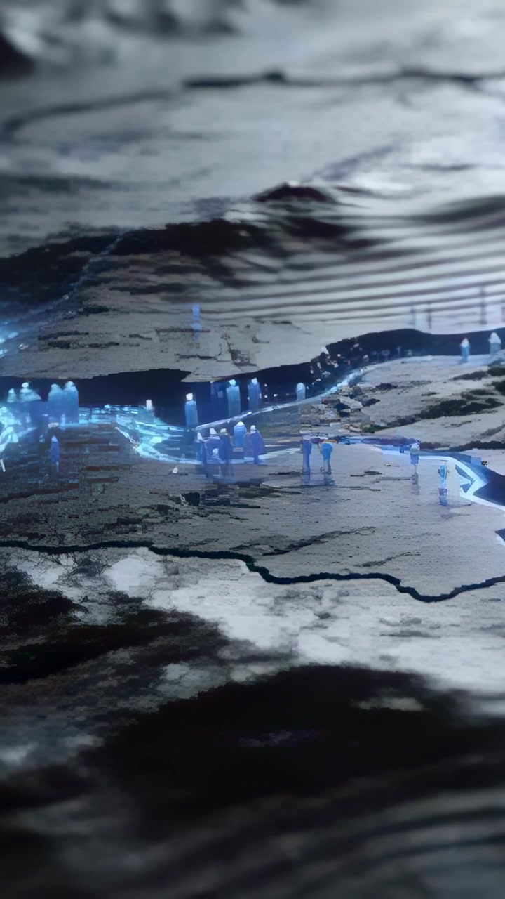 Vertical video: Pulsing light sending blue figurines pulsing on dark relief model, showing links