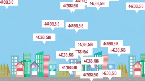 multiple speech bubbles with increasing numbers floating against cityscape